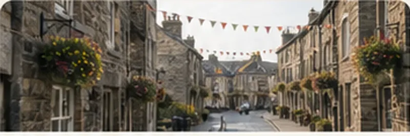 Illustration of a Lancashire market street with stone buildings and bunting